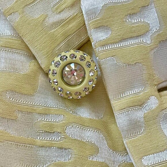 VTG 60s Tapestry Pea Coat Butter Yellow Rhinestone Buttons Mod Old Money Luxury - Picture 3 of 12